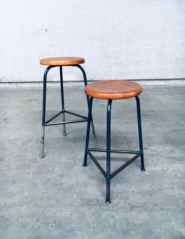 Set of Industrial Green Tripod Stool Set, Belgium, 1950s