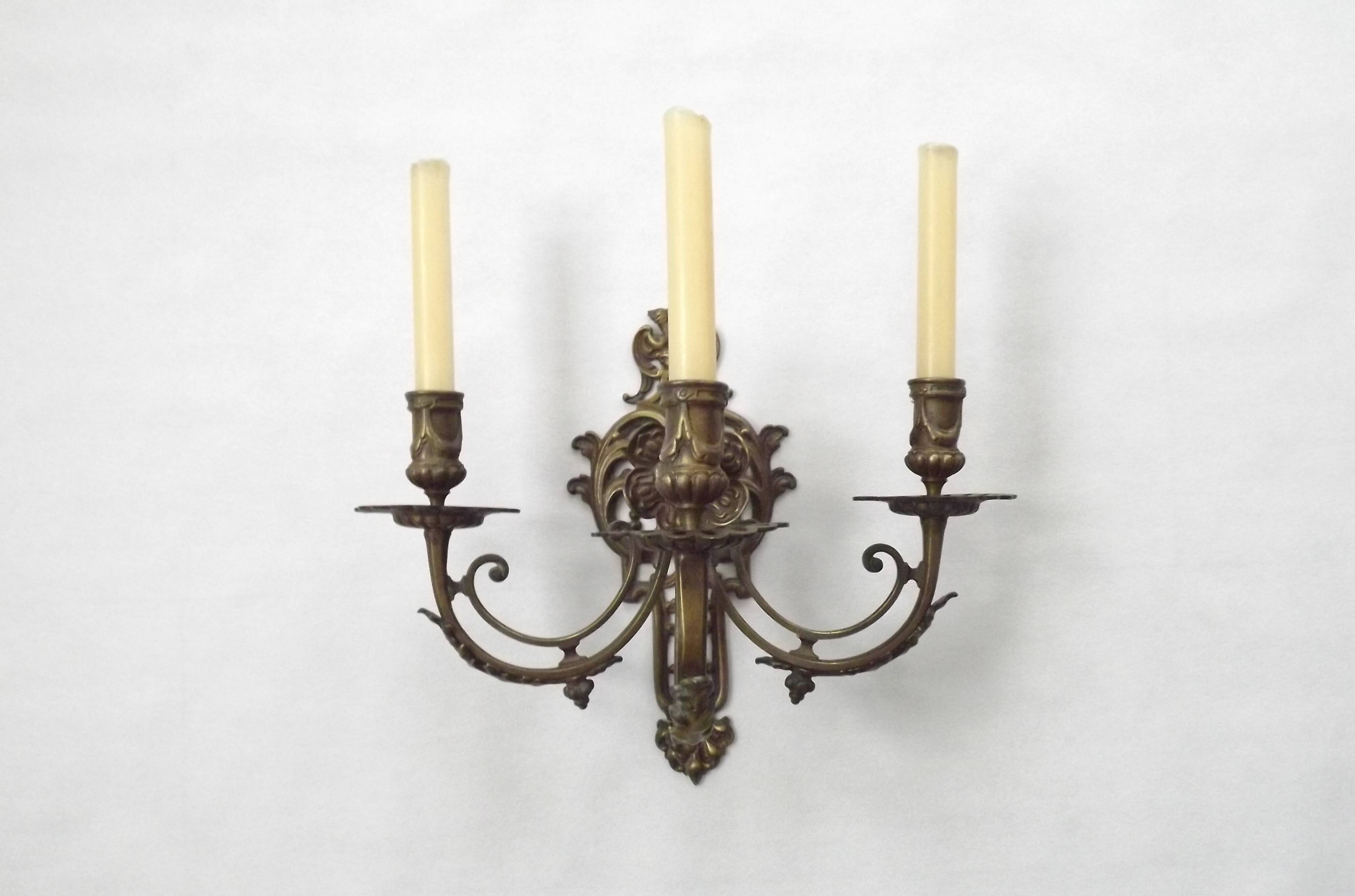 Pair of Heavy Victorian Bronze Triple Wall Sconces Griffin & Flower Detail