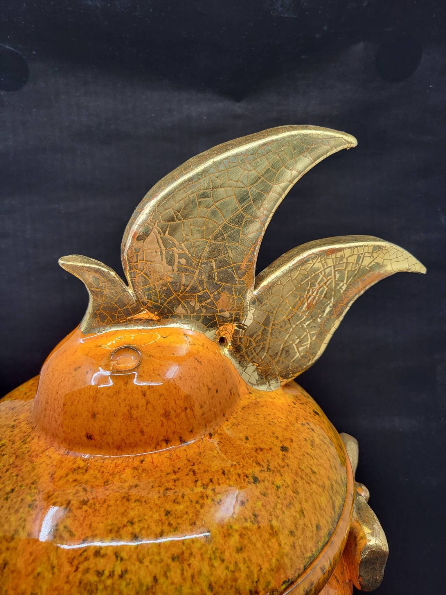 Gérard Crociani soup tureen in orange zoomorphic ceramic French gilded with fine gold Vallauris