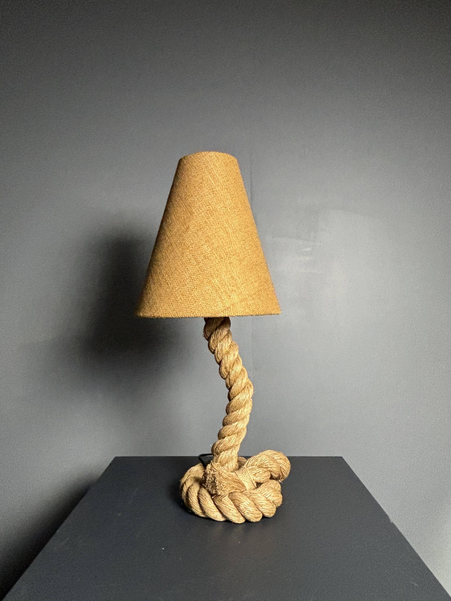 Midcentury French brutalist rope table lamp in the style of Audoux & Minet