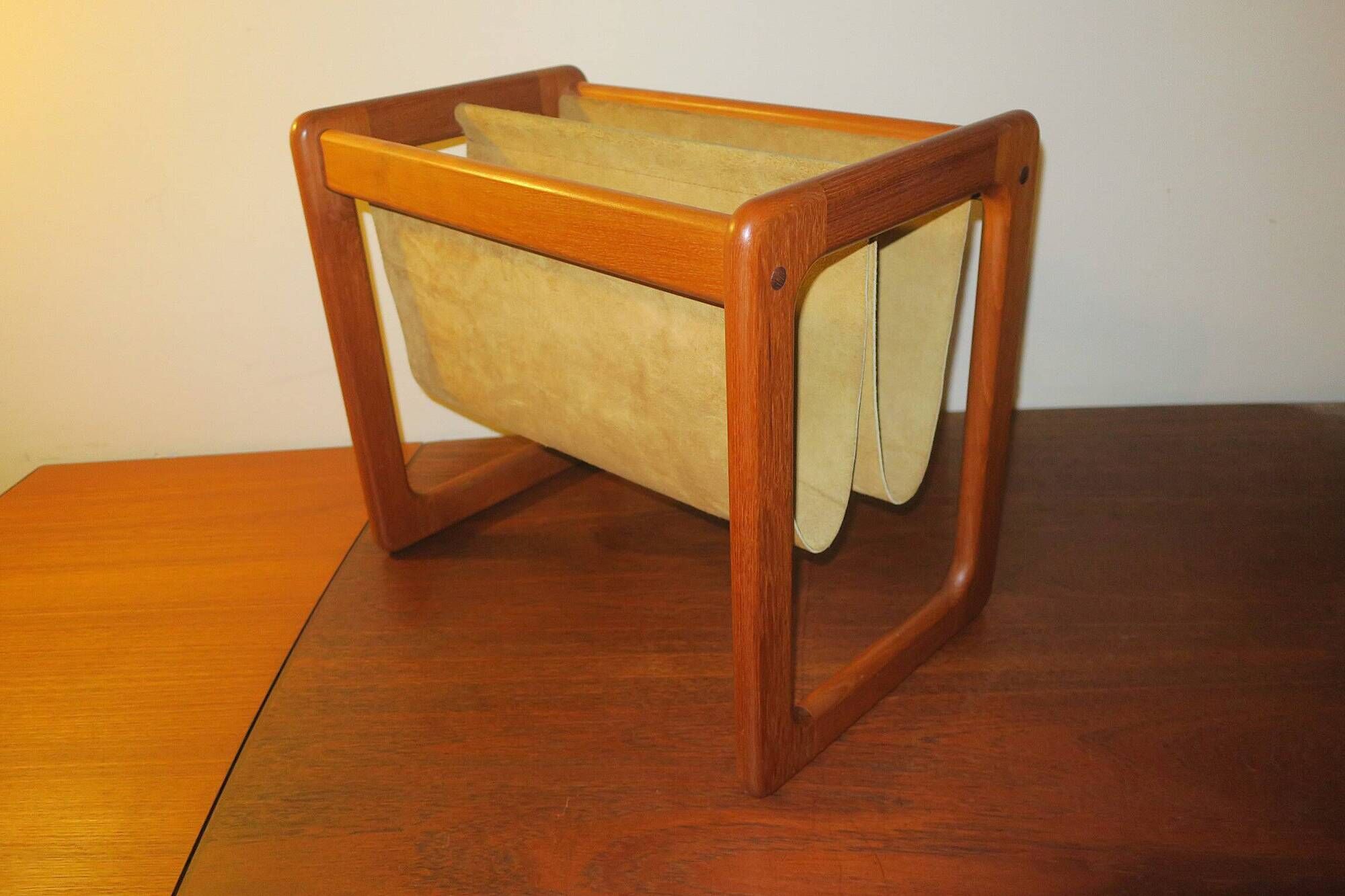 Magazinr rack in teak and suede leather by Aksel Kjersgaard, 1960s