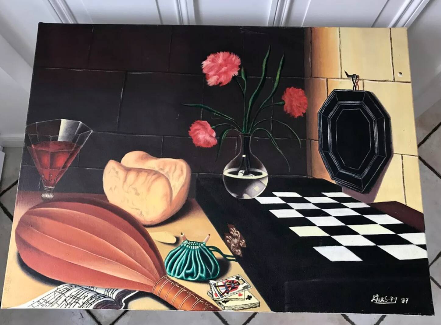 Oil painting on canvas still life with chessboard
