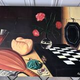 Oil painting on canvas still life with chessboard