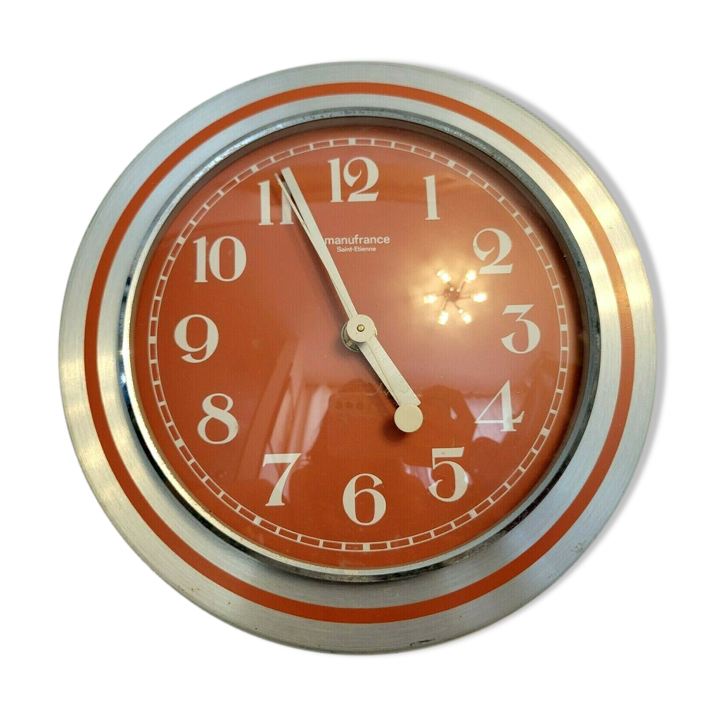Old orange aluminum clock Manufrance Saint-Etienne