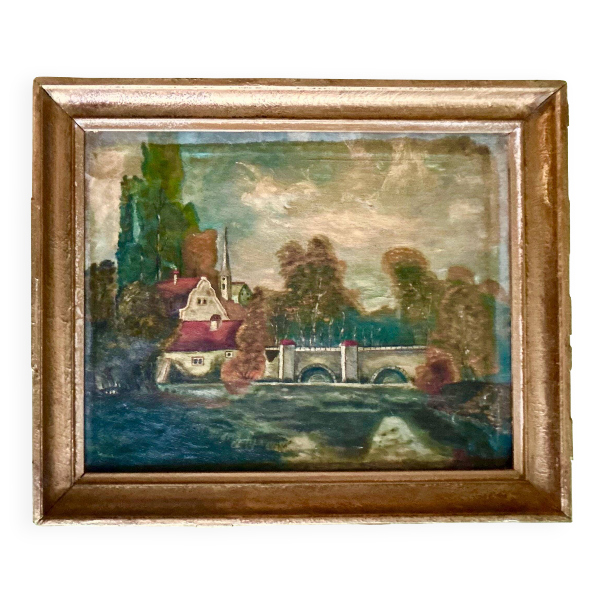 1860s French Barbizon Oil on Canvas – Village Bridge & Riverscape