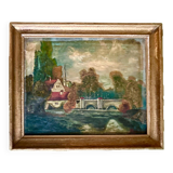 1860s French Barbizon Oil on Canvas – Village Bridge & Riverscape
