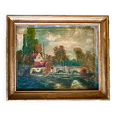 1860s French Barbizon Oil on Canvas – Village Bridge & Riverscape