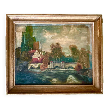 Huile sur toile de Barbizon, France, années 1860 – Pont de village et paysage fluvial