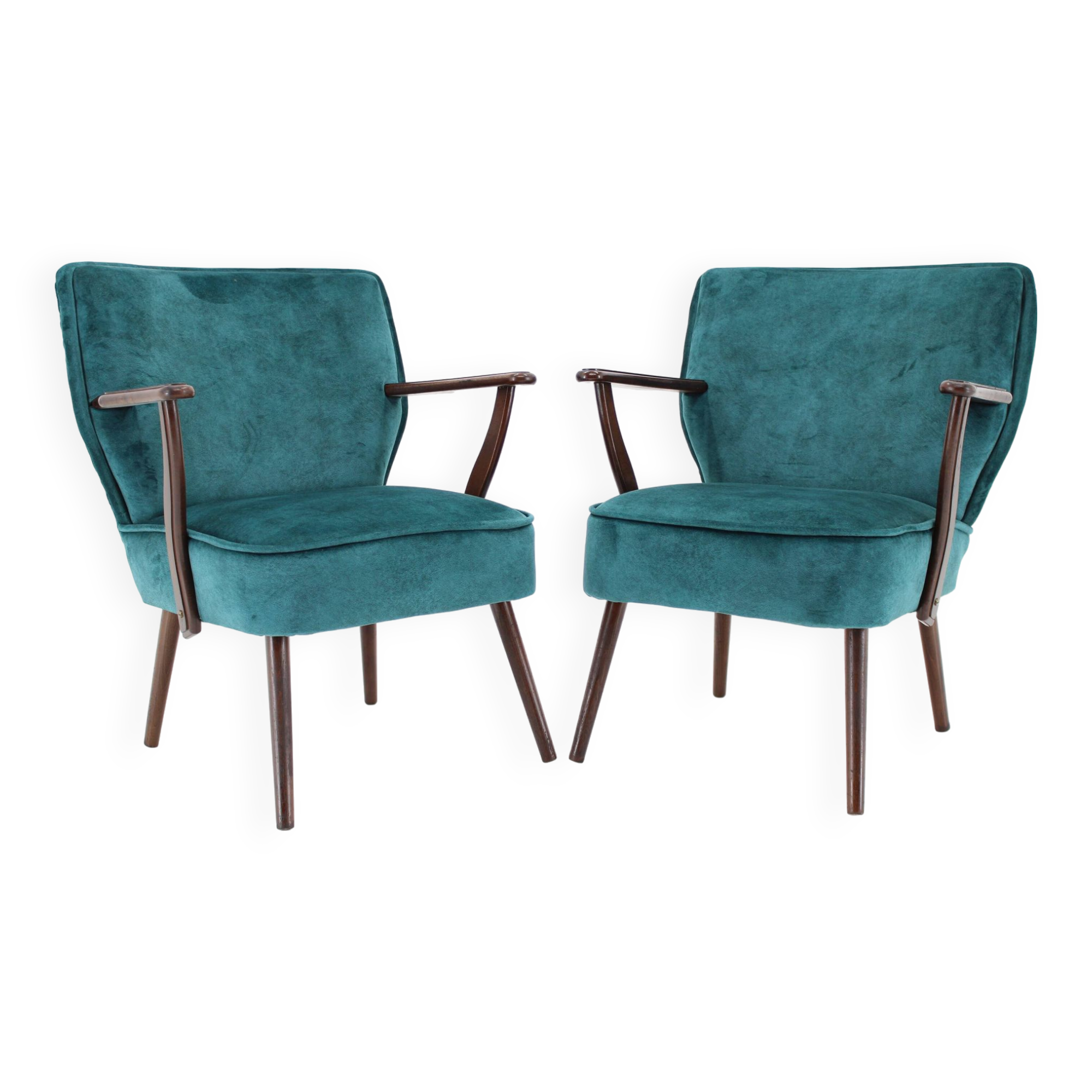 1970s Pair of Refurbished Beech Armchairs in Velvet, Czechoslovakia