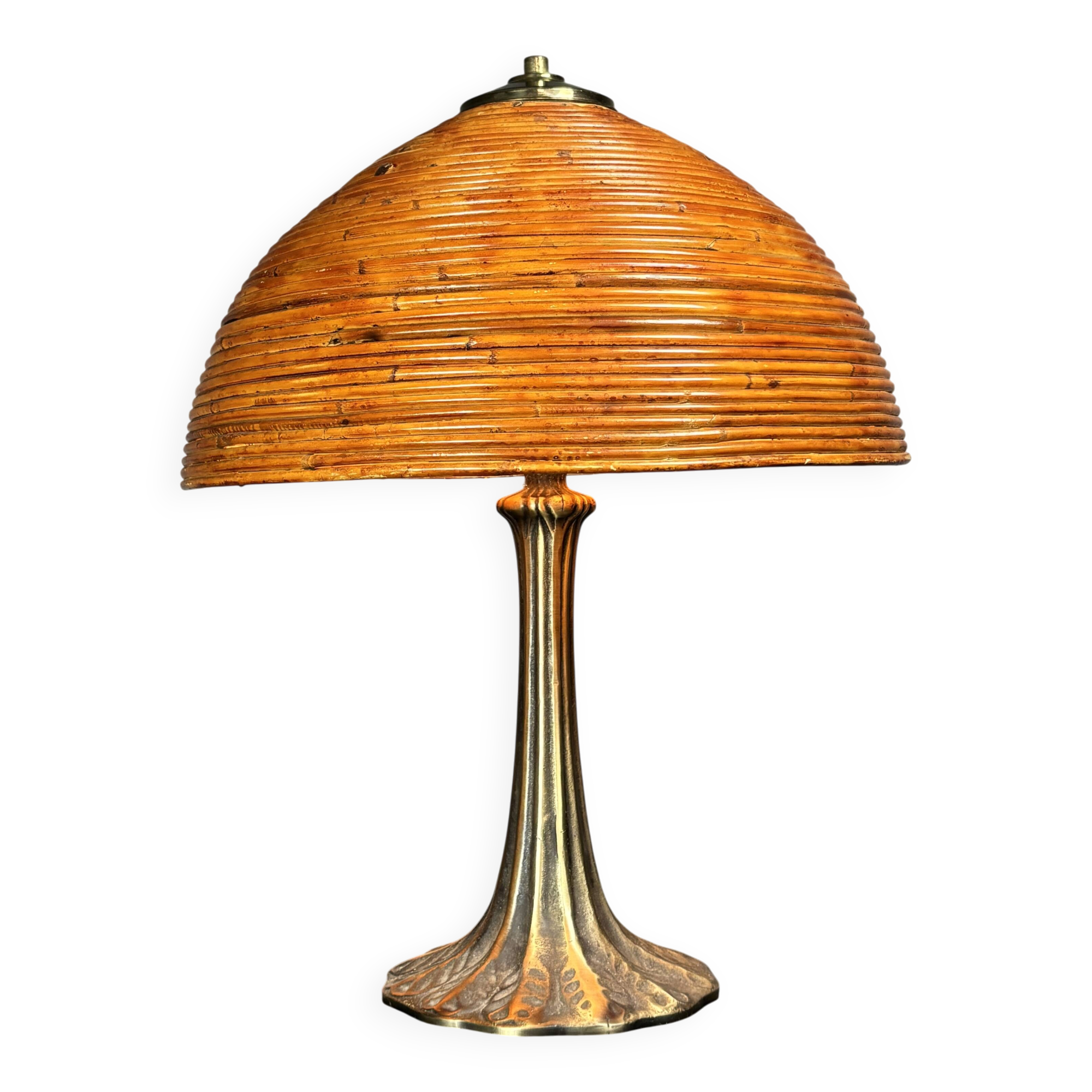 Midcentury mushroom pencil reed rattan bamboo and brass table lamp, 1970s