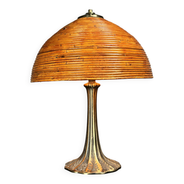 Lampe de table en champignon en crayon de ronce de bambou et laiton des années 1970.