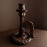Brutalist carved wood candle holder, dark brown with lighter highlights, made in Italy, 1940s