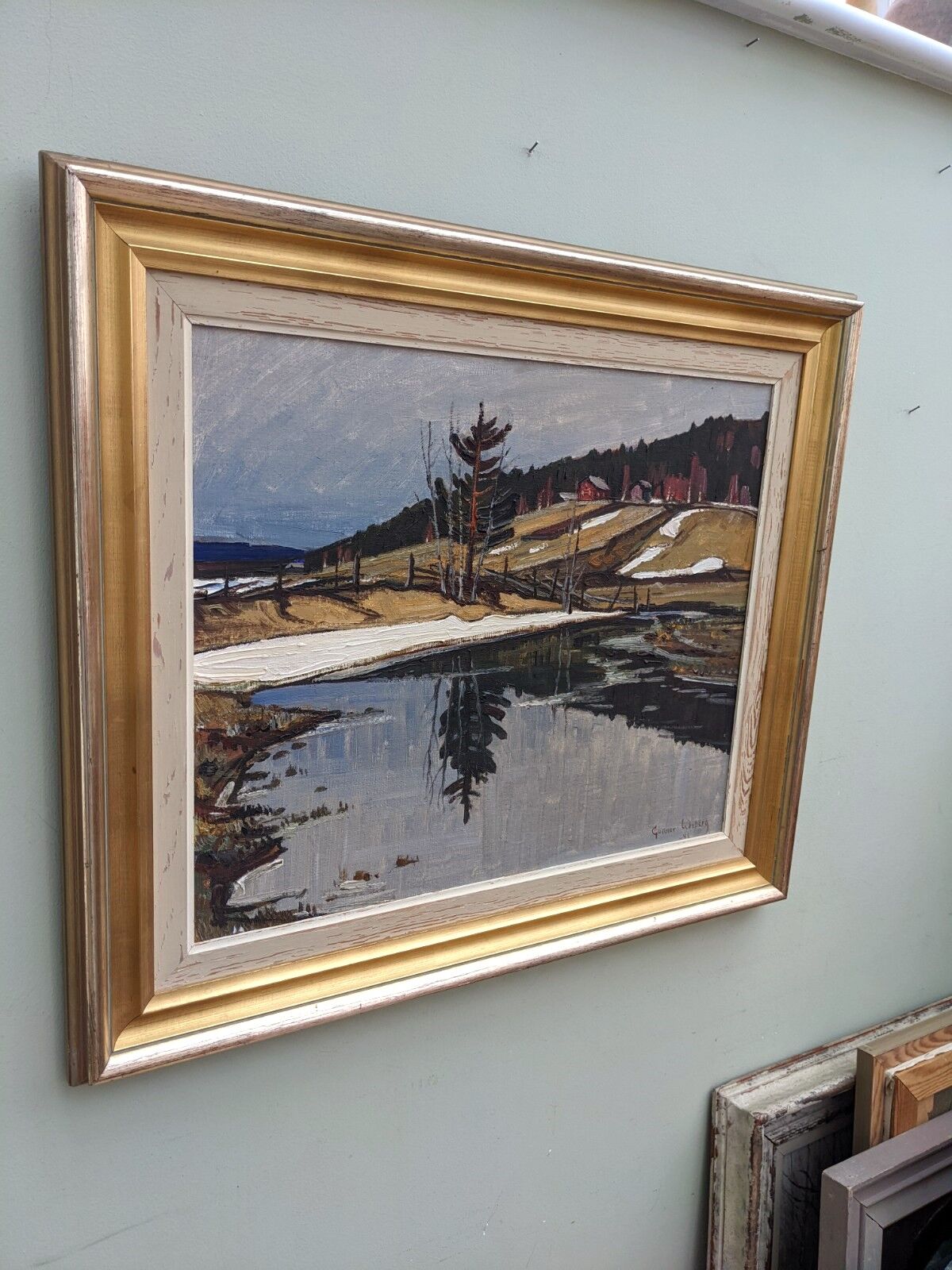 1948 Mid-Century Modern Swedish "Still" Vintage Landscape Oil Painting, Framed