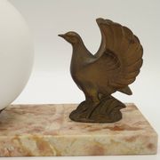 French Art Deco table lamp, bird motif, marble base, white glass globe 4477