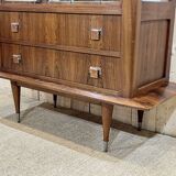 Vitrine des années 60 en palissandre, acajou et poignées cuir