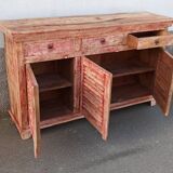 Wooden sideboard with red highlights