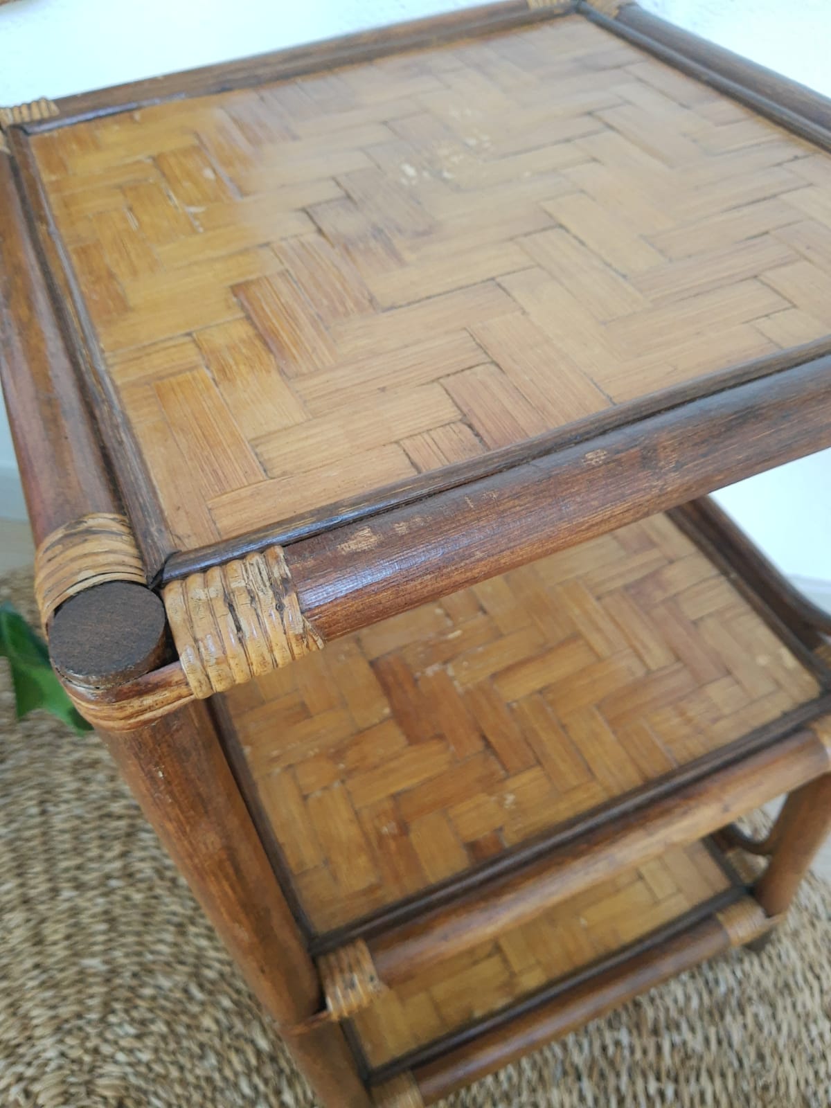 3-tier rattan and bamboo shelf from the 70s vintage