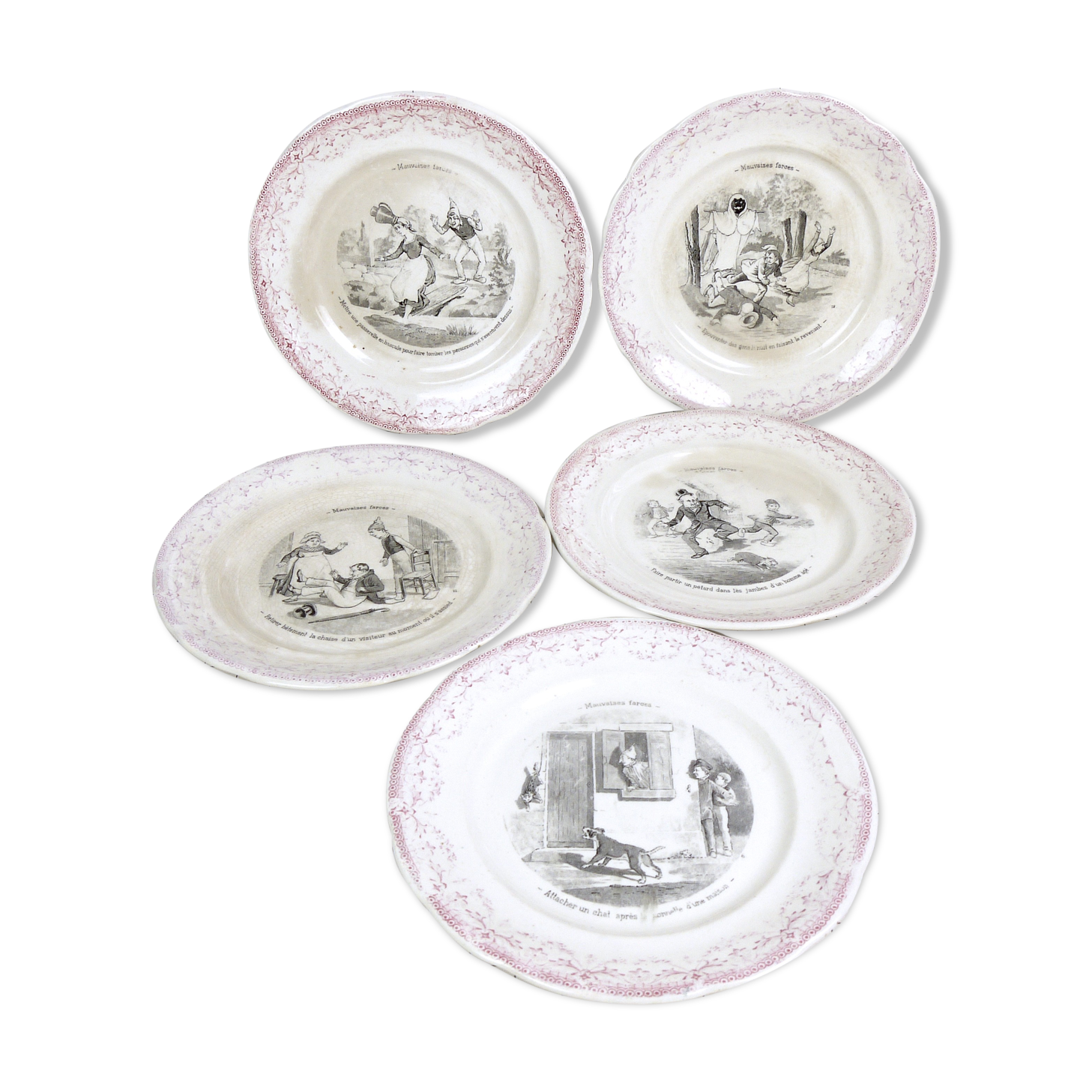 Five Digoin Sarreguemines Talking Plates