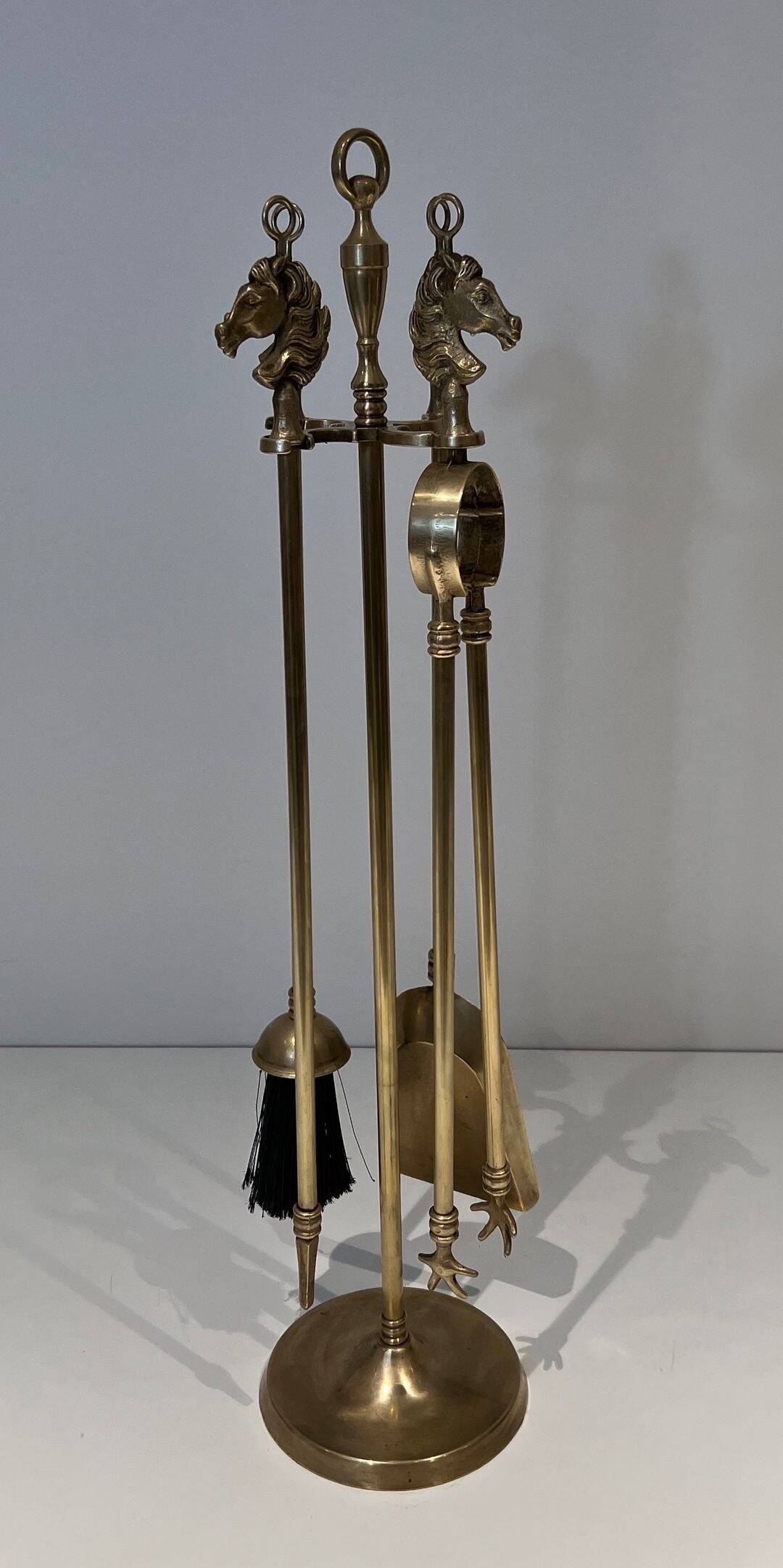 Neoclassical Brass Fire Tool Set with Horse Head Handles, in the