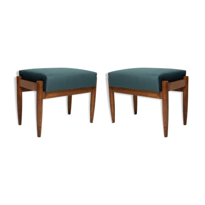 Paire de tabourets vintage en velours bleu pétrole du milieu du siècle, Edmund Homa, années 1960