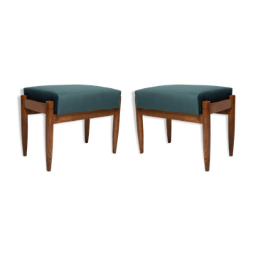 Paire de tabourets vintage en velours bleu pétrole du milieu du siècle, Edmund Homa, années 1960
