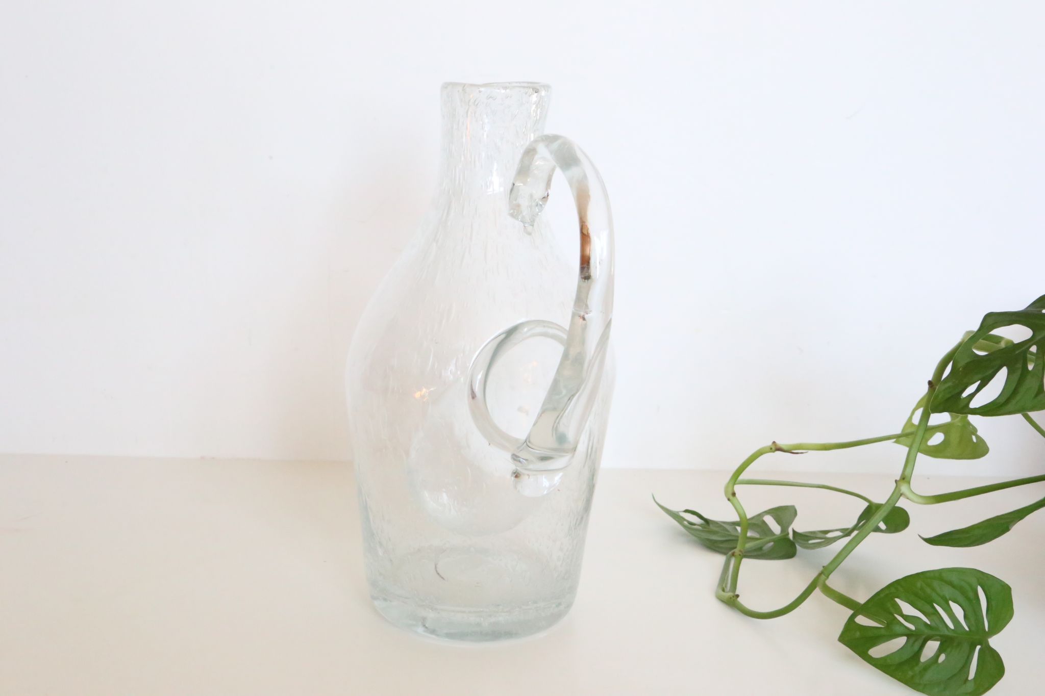 Bubbled glass pitcher with ice tank, handcrafted, French vintag manufacturing