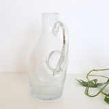 Bubbled glass pitcher with ice tank, handcrafted, French vintag manufacturing