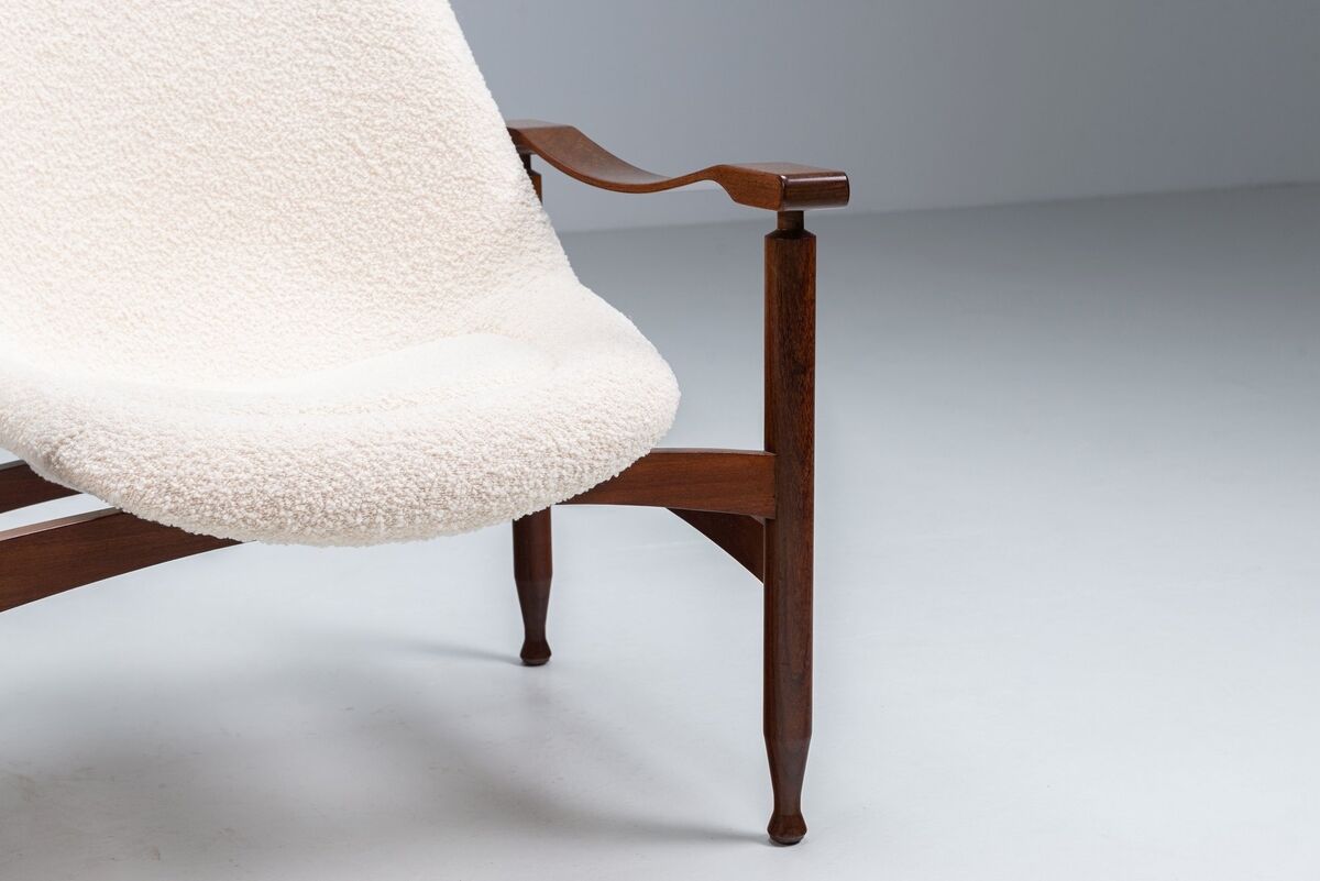 Pair of “Tiki” lounge chairs in teak and bouclé Busnelli Italy 1960