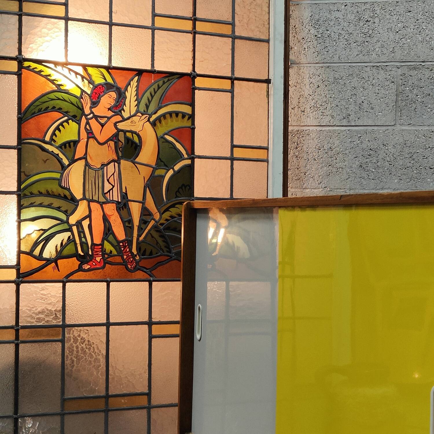 Large 19th century stained glass window The woman and the doe