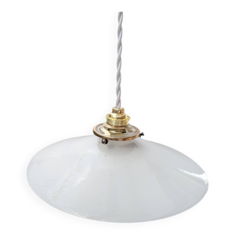 Ancienne suspension baladeuse Art déco abat jour opaline lisse diamètre TBE 25,5 cm
