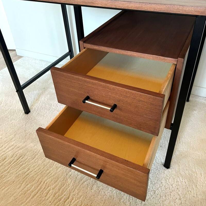 Bureau moderniste 2 tiroirs vintage en bois et métal noir
