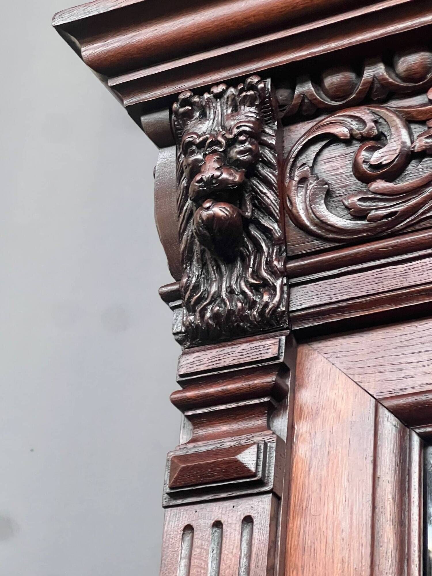 Library and buffet in antique Renaissance style. Beautiful sculptures. Solid oak. France. 19th century.
