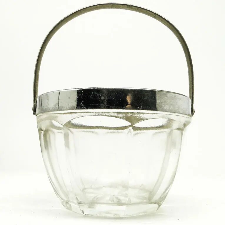 Sucrier Art Déco, verre pressé, laiton chromé, Huta Hortensja, Pologne, années 1950
