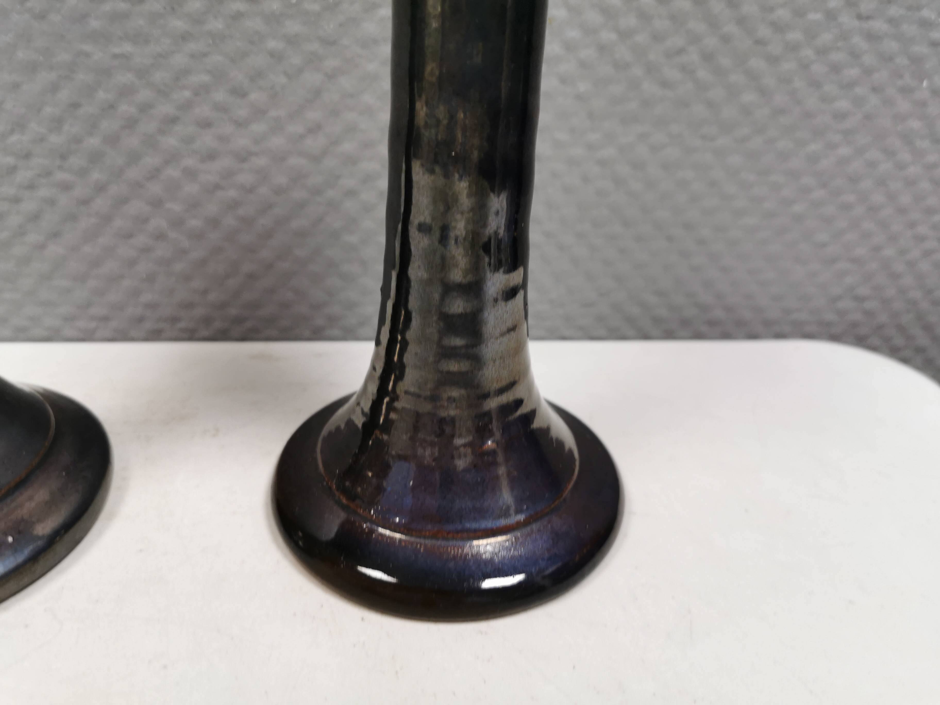 A set of ceramic candlesticks in bluish metallic glaze, Denmark 1980s