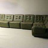 Laauser patchwork modular sofa set in olive green patinated leather, 1970s