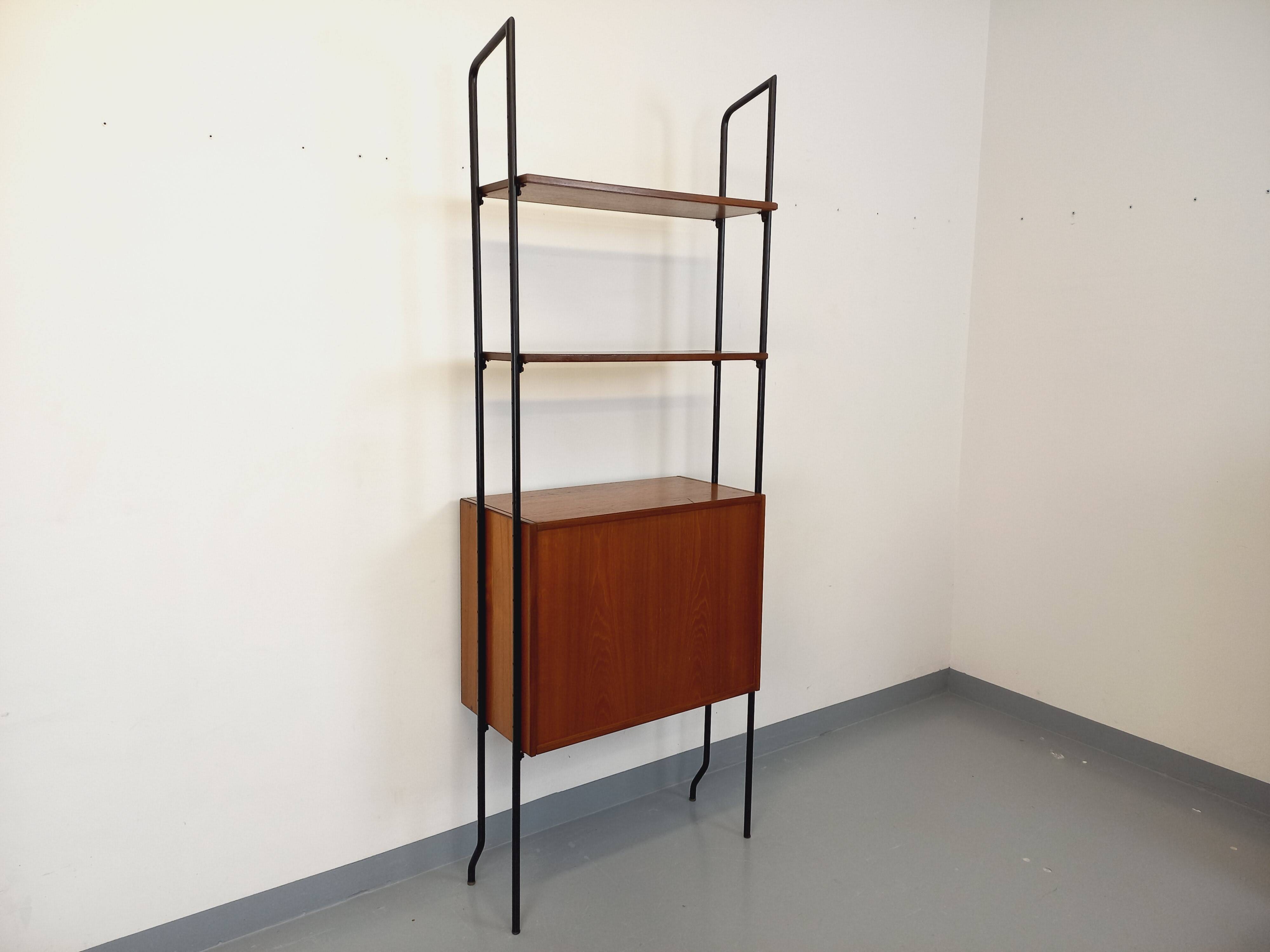 Vintage Italian modular shelving unit in teak and metal from the 1970s