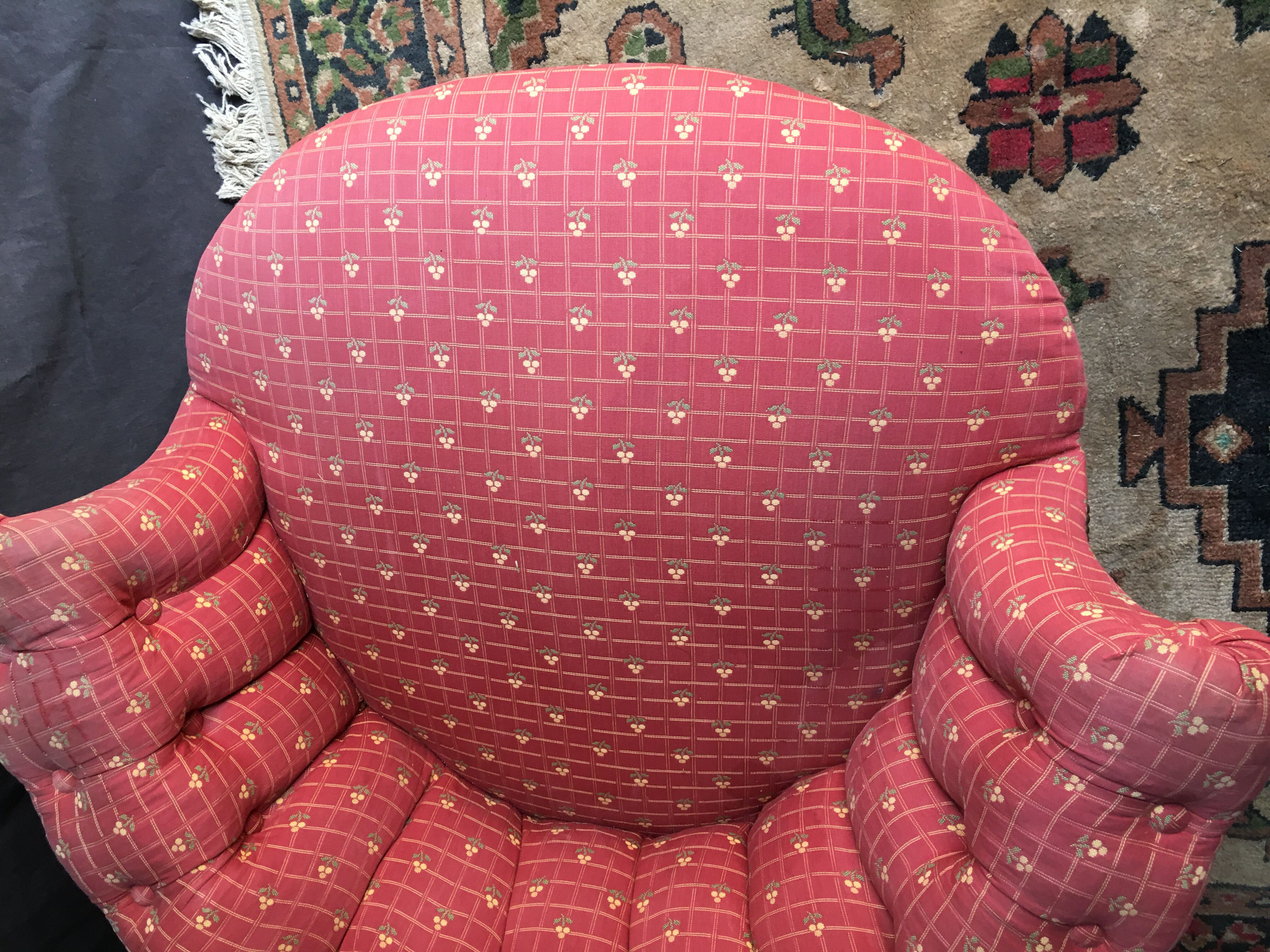 Pair of toad armchairs on wheels, upholstered.