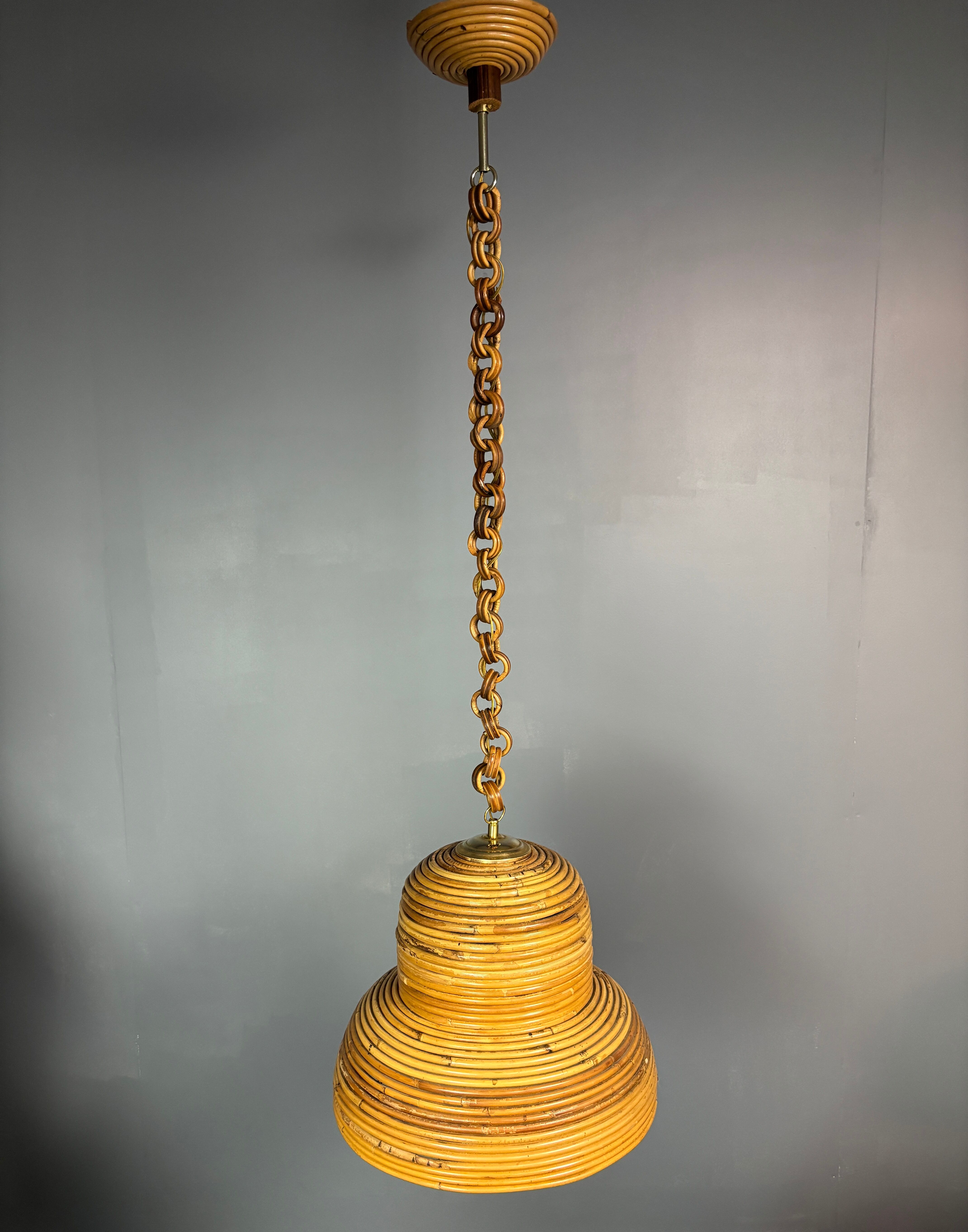 Midcentury Italian pencil reed rattan bamboo and brass hanging lamp pendant