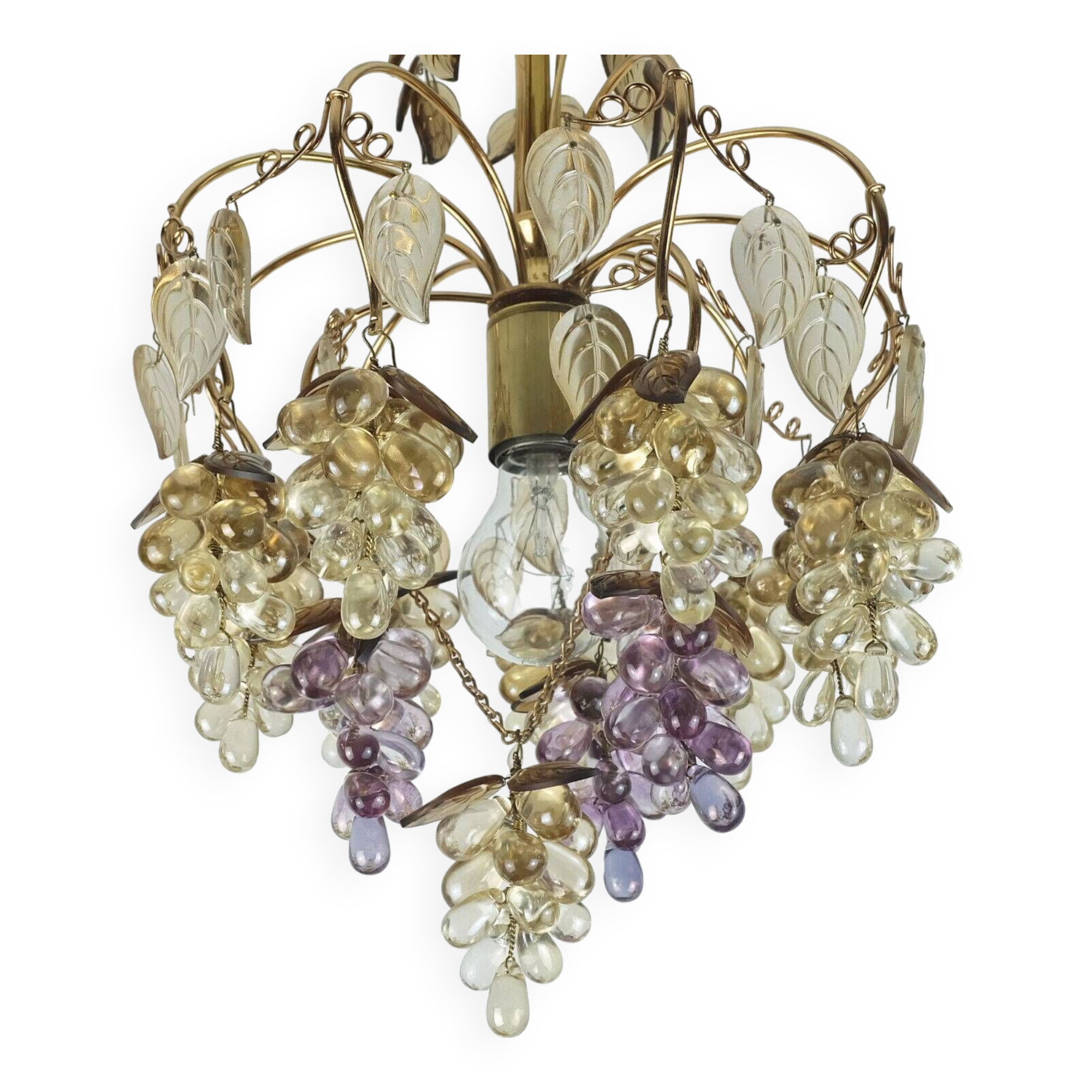 Very rare palwa mid century chandelier 1970s crystal glass and gilt brass grapes and leaves