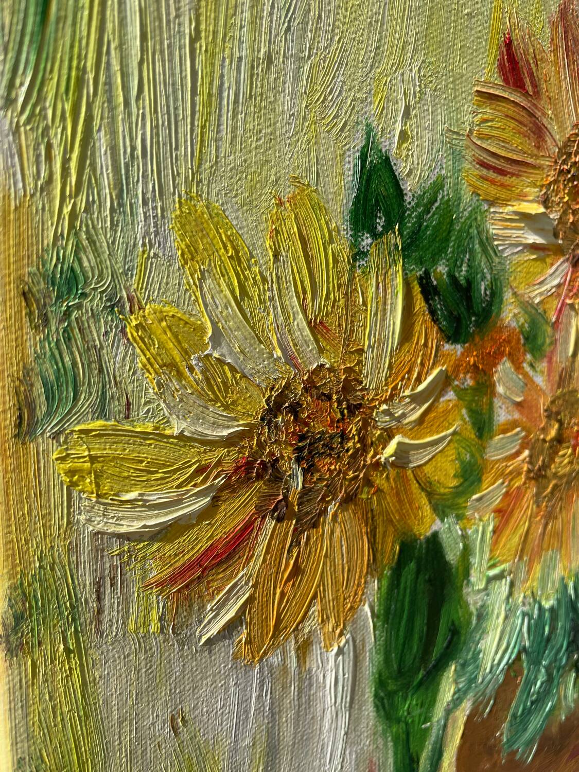 Oil on canvas of a bouquet of sunflowers