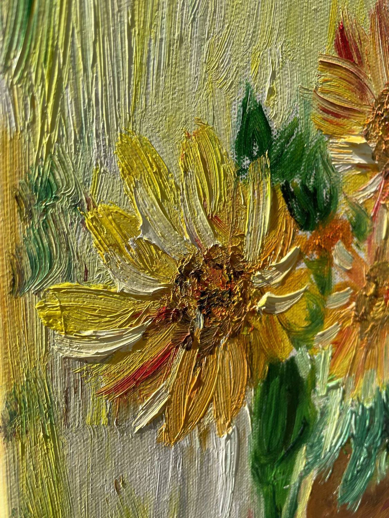 Huile sur toile d’un bouquet de tournesols
