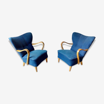 Pair of wing chairs flesh Scandinavian Danish 50s 60s blue