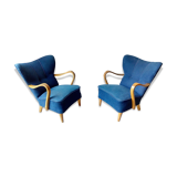 Pair of wing chairs flesh Scandinavian Danish 50s 60s blue
