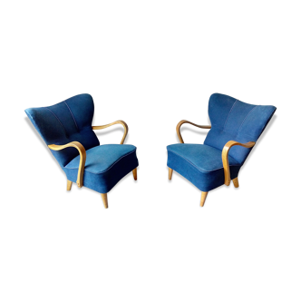 Pair of wing chairs flesh Scandinavian Danish 50s 60s blue