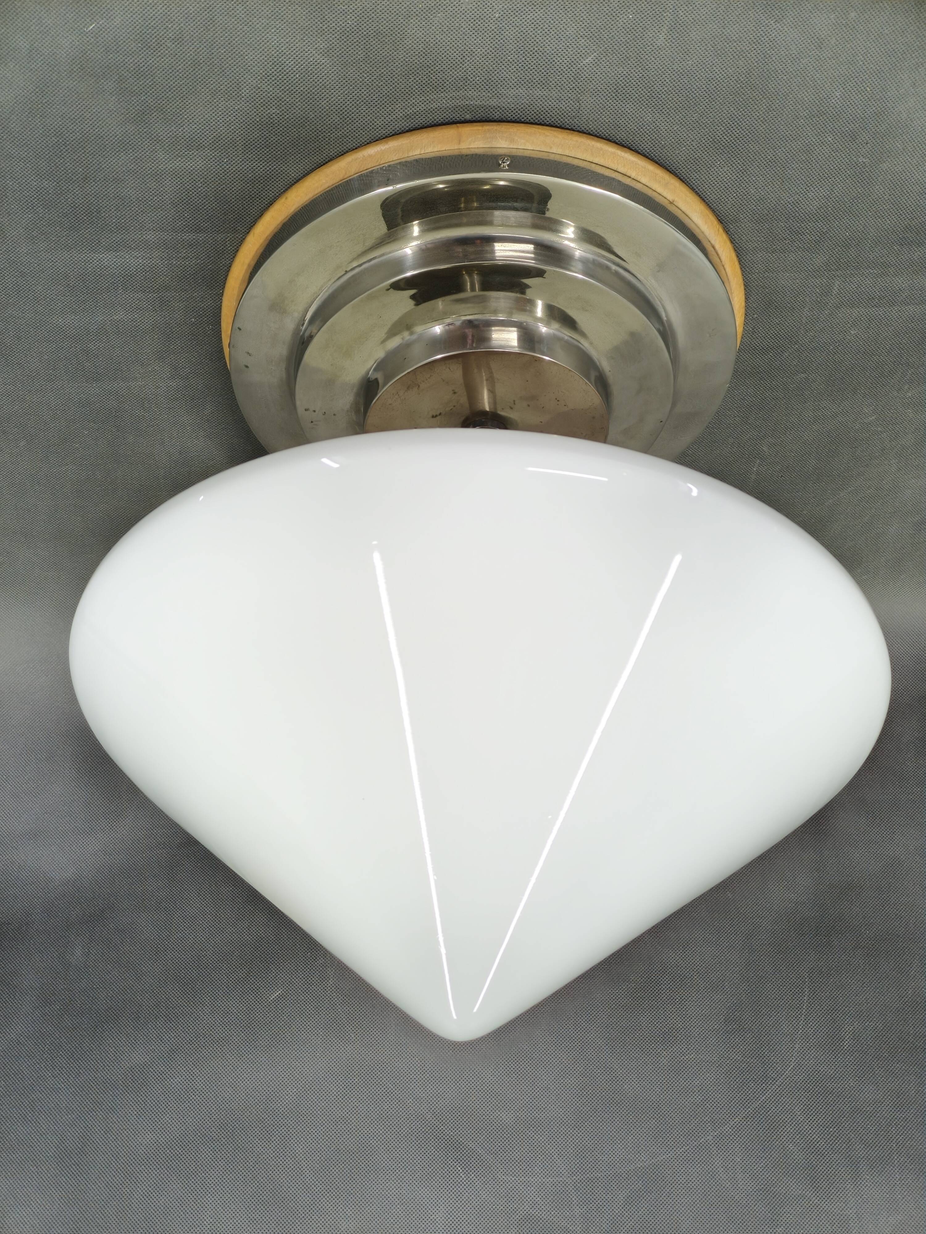 Czech Art Deco Opaline Glass Flush Mount Ceiling Light 1930s