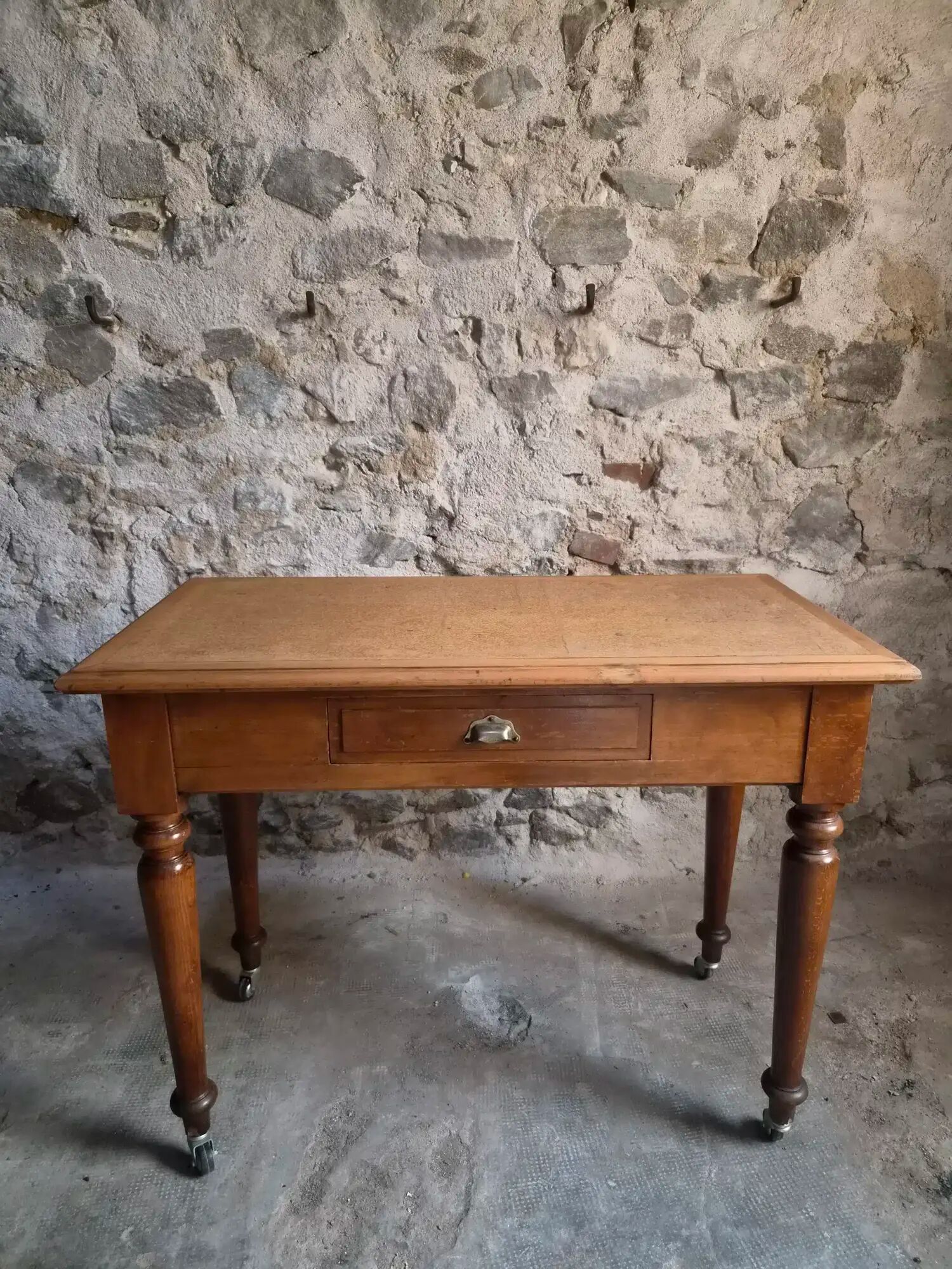 Vintage beech desk with a linoleum top and drawer.