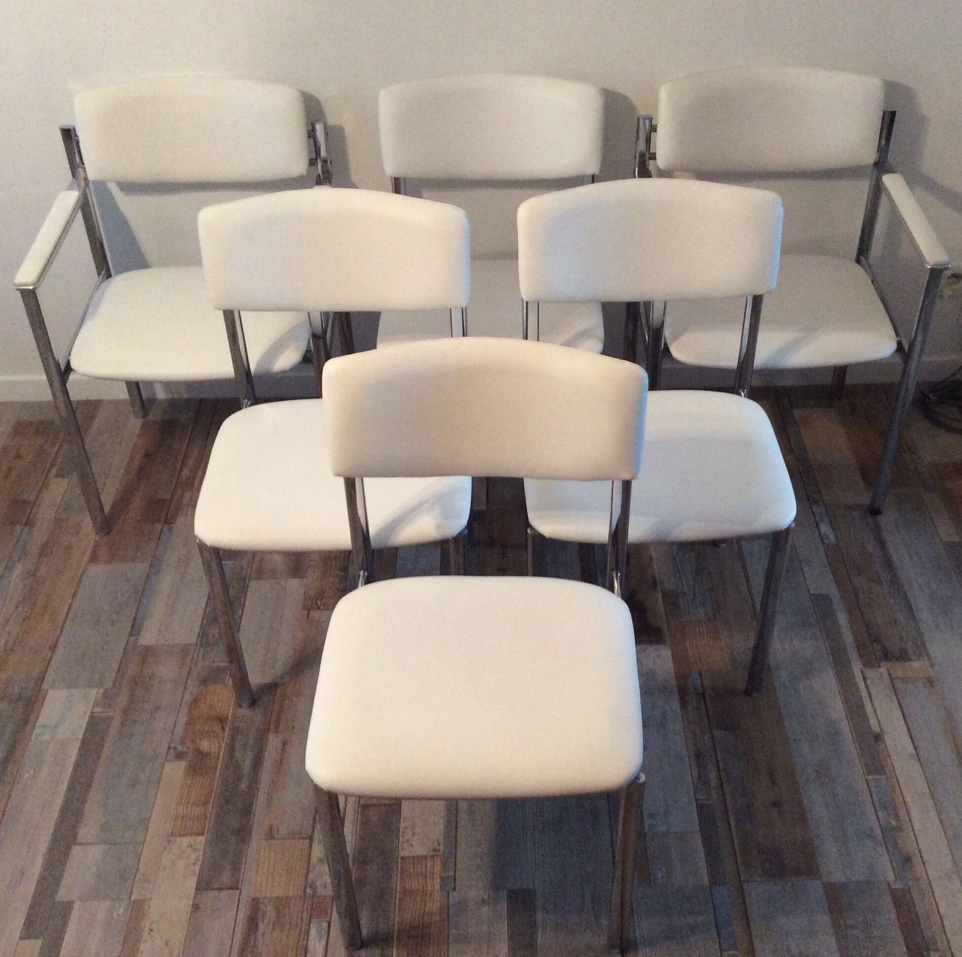Set of 6 vintage chrome white leather chairs 70/80