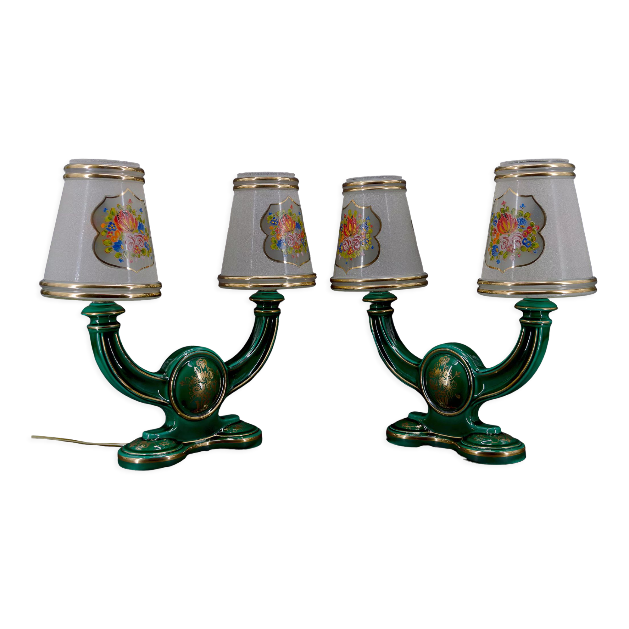 Pair of lamps in green and gold earthenware, circa 1940