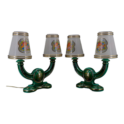 Paire de lampes en faïence verte et dorée, circa 1940