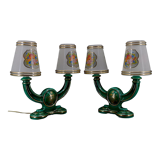 Paire de lampes en faïence verte et dorée, circa 1940